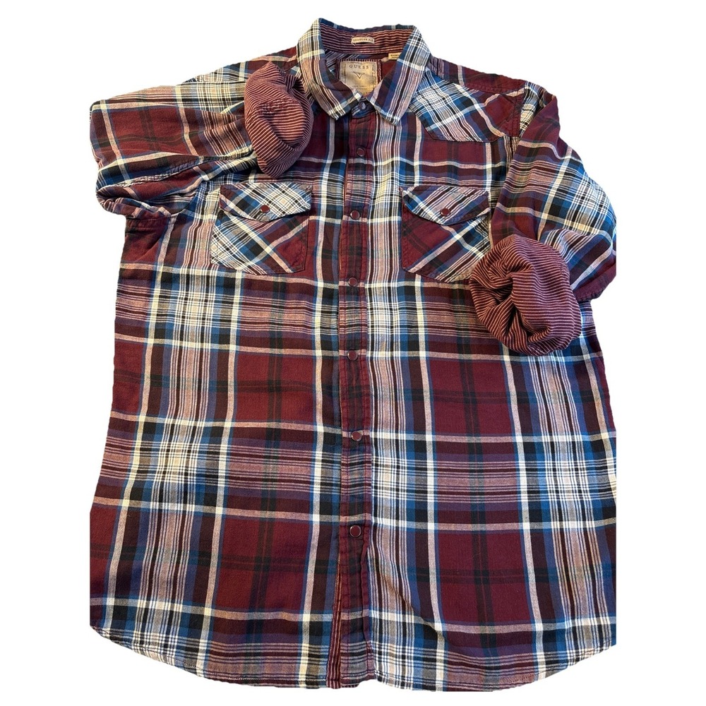Vintage GUESS Western Plaid Maroon‎ Pearl Snap Rancher Ticking Lined Men's XL - Picture 3 of 7